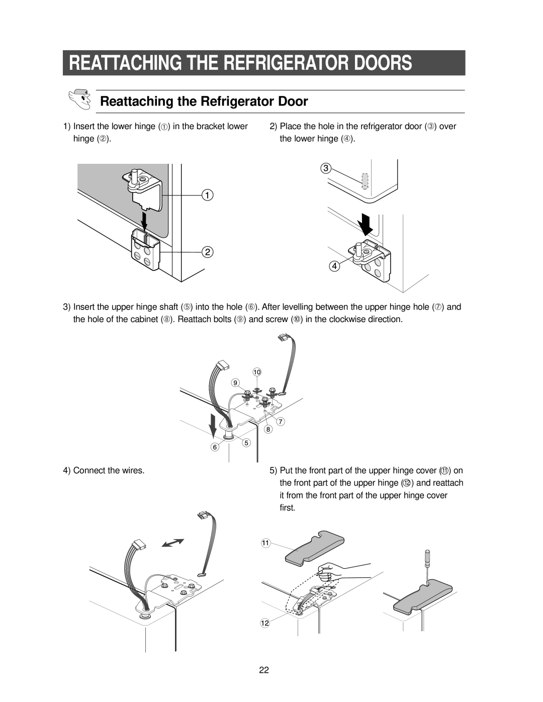 Samsung RS2533SW owner manual Reattaching the Refrigerator Door 