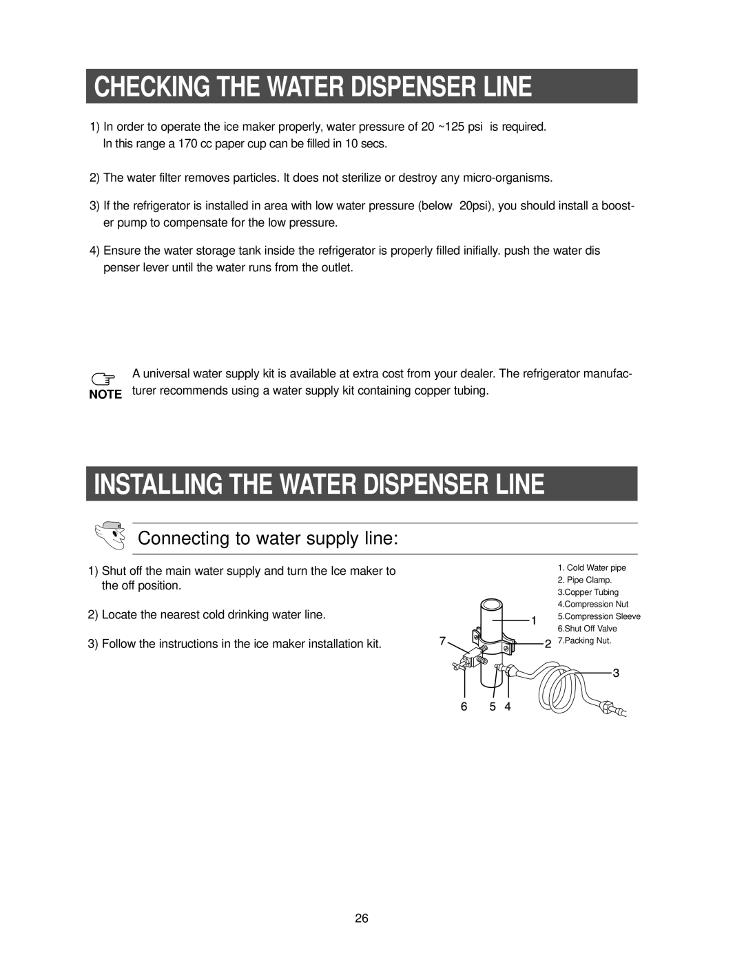 Samsung RS2533SW owner manual Checking the Water Dispenser Line, Installing the Water Dispenser Line 