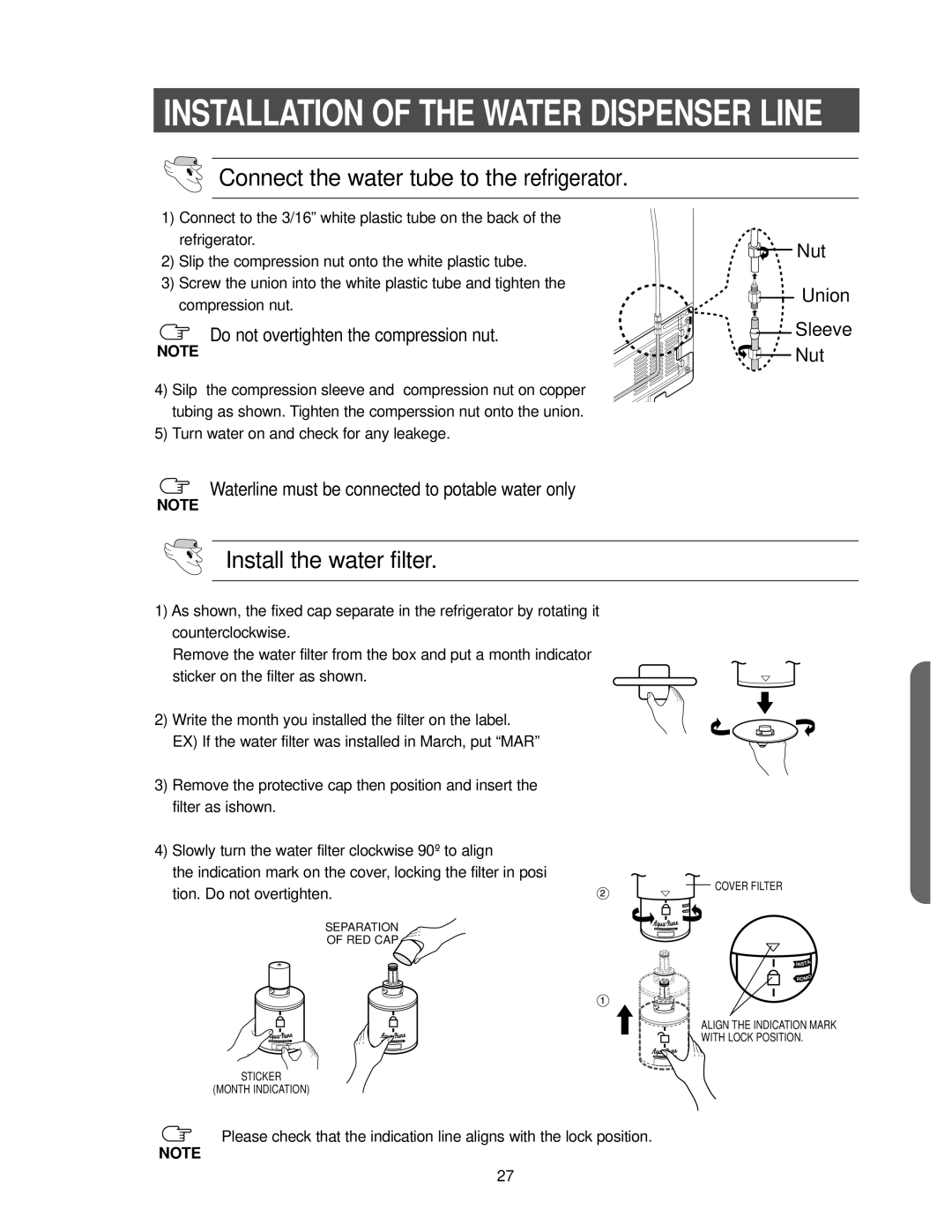 Samsung RS2533SW owner manual Installation of the Water Dispenser Line, Do not overtighten the compression nut 