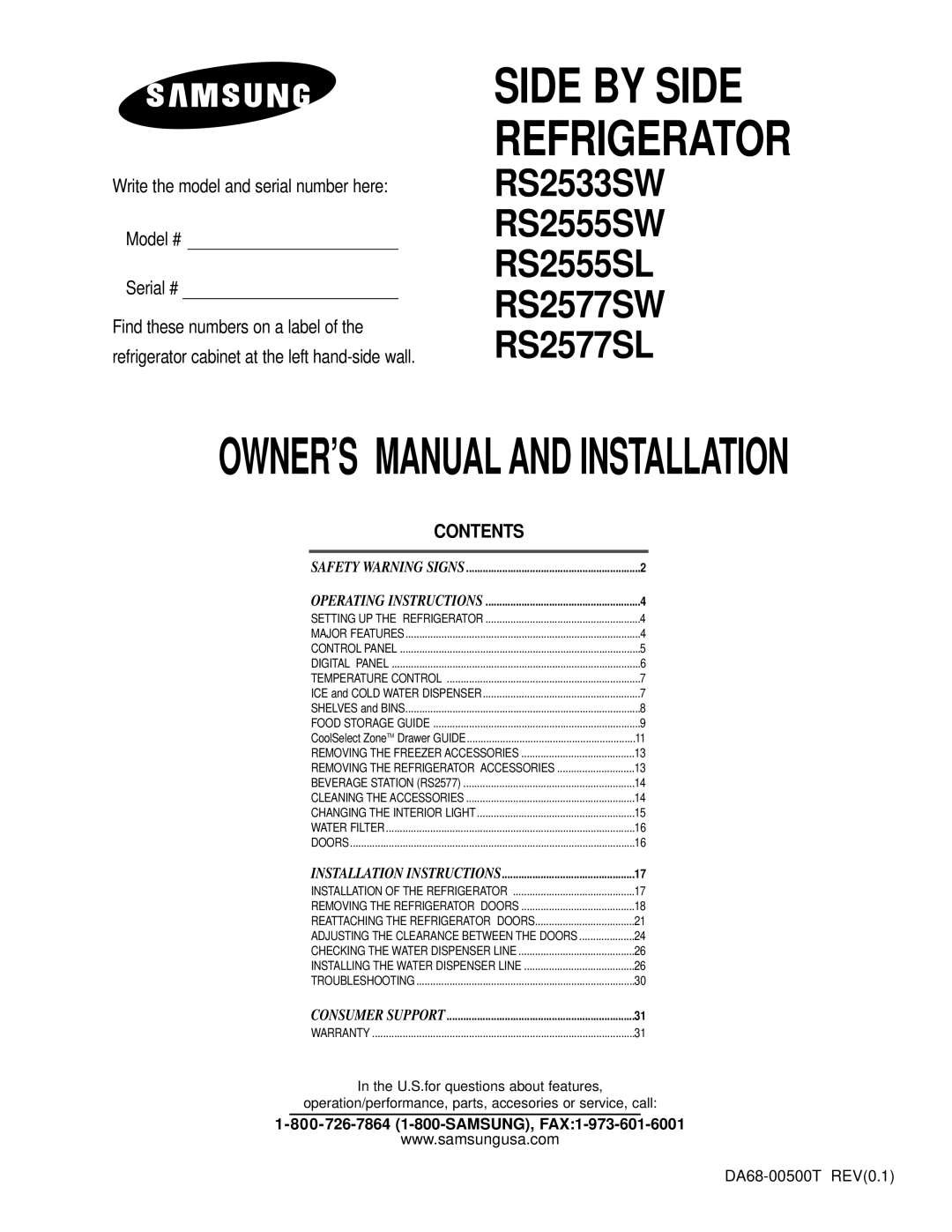 Samsung RS2533SW owner manual Write the model and serial number here Model # Serial #, Contents, RS2577SL 