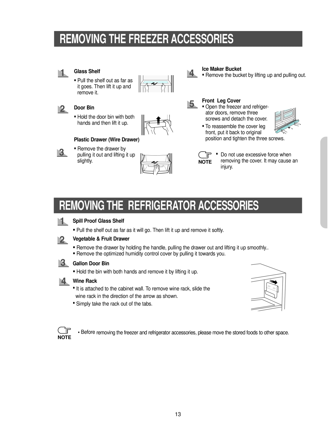 Samsung RS2533SW Removing The Freezer Accessories, Removing The Refrigerator Accessories, Glass Shelf, Door Bin, Wine Rack 