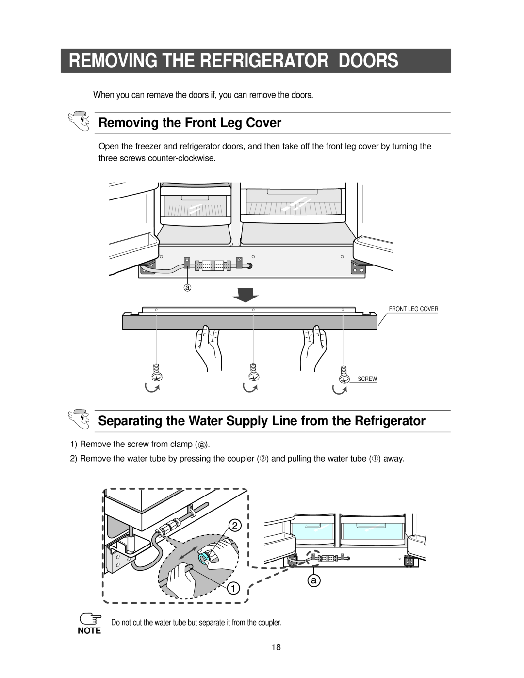 Samsung RS2533SW owner manual Removing The Refrigerator Doors, Removing the Front Leg Cover 