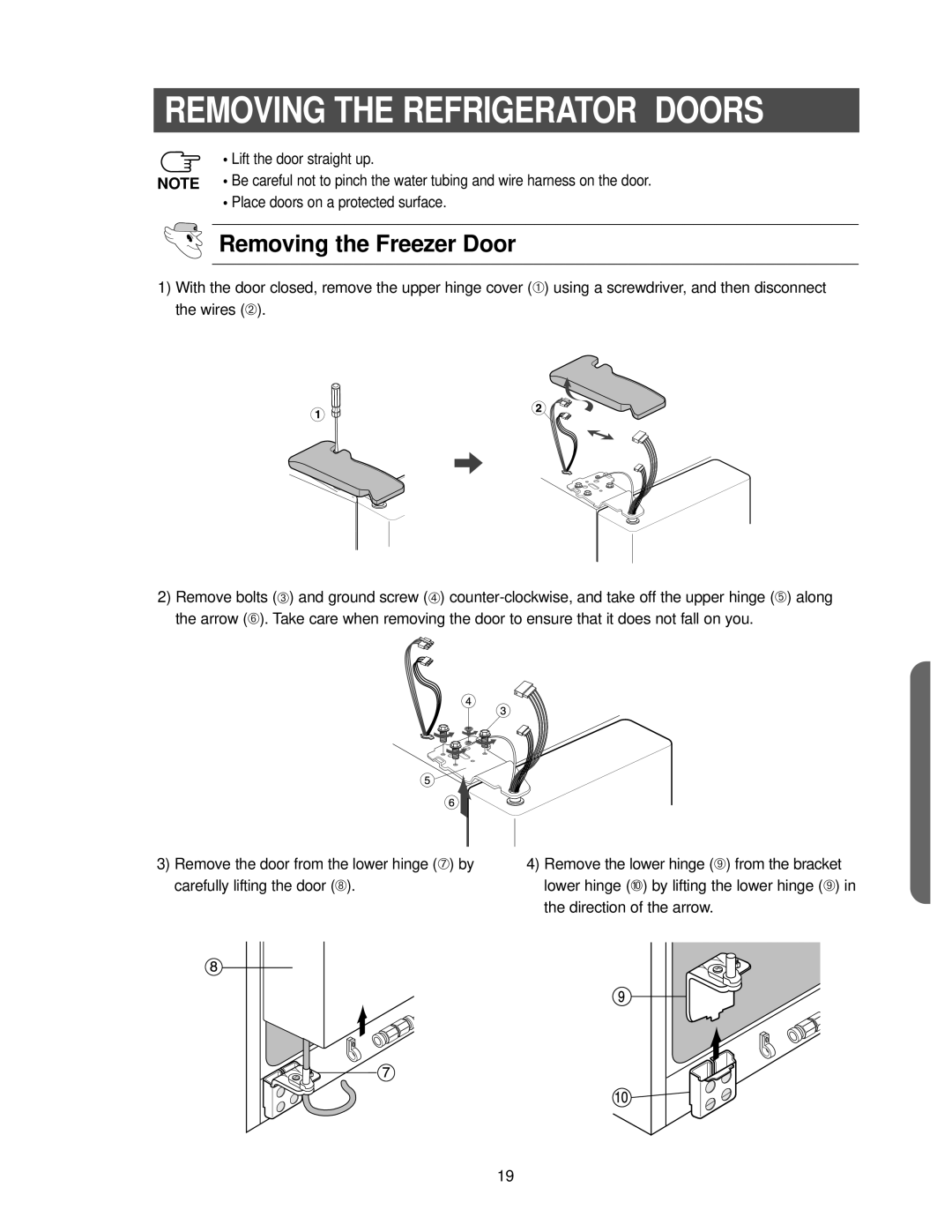 Samsung RS2533SW owner manual Removing the Freezer Door, Removing The Refrigerator Doors 