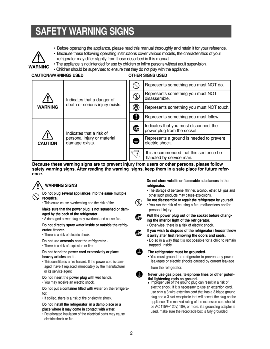 Samsung RS2533SW owner manual Safety Warning Signs, refrigerator may differ slightly from those described in this manual 