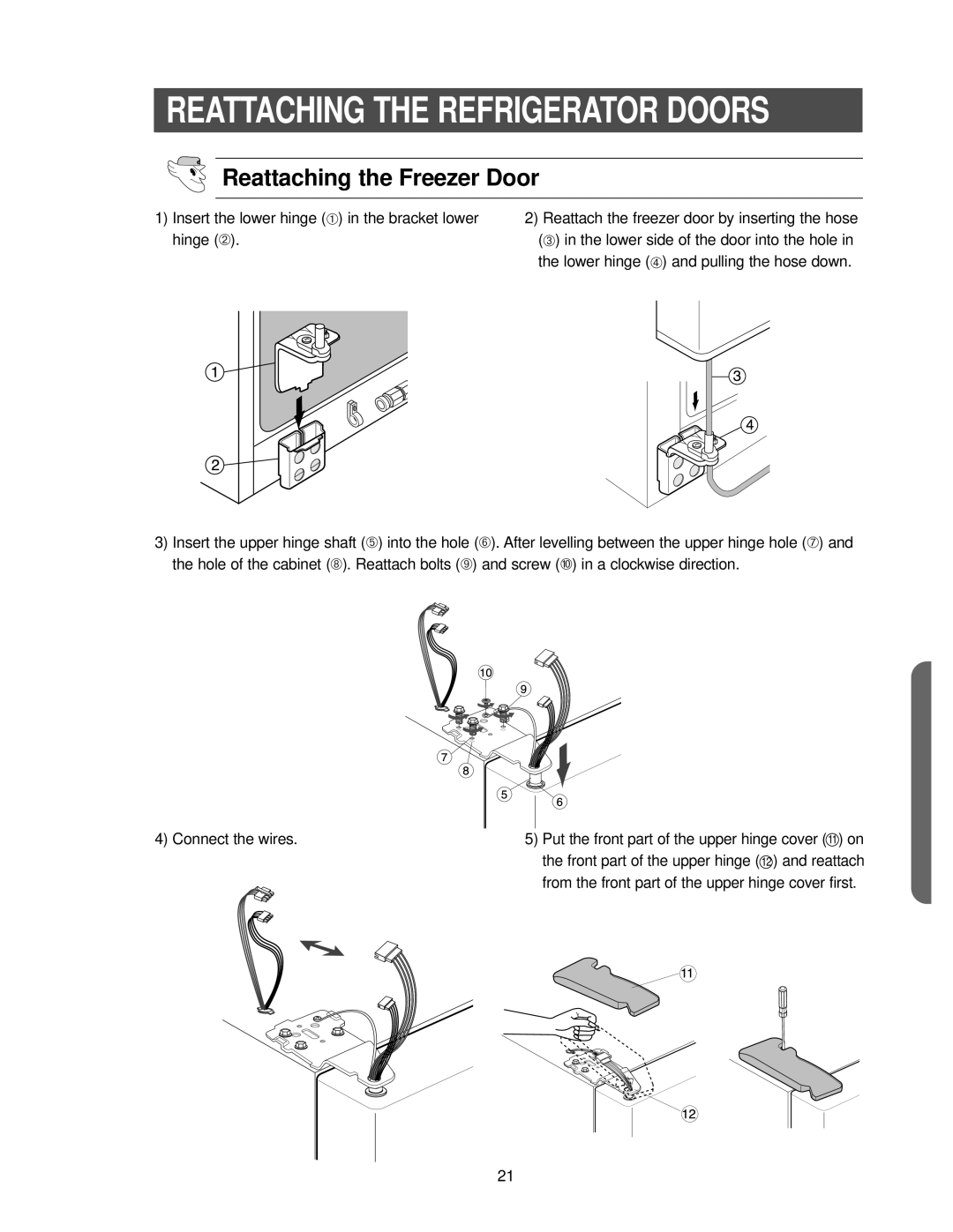 Samsung RS2533SW owner manual Reattaching The Refrigerator Doors, Reattaching the Freezer Door 