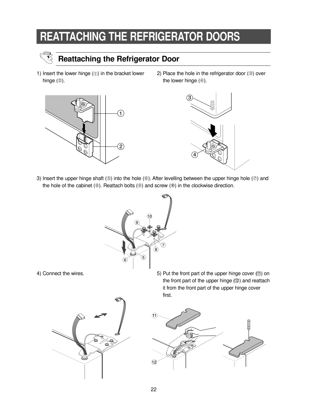 Samsung RS2533SW owner manual Reattaching the Refrigerator Door, Reattaching The Refrigerator Doors 
