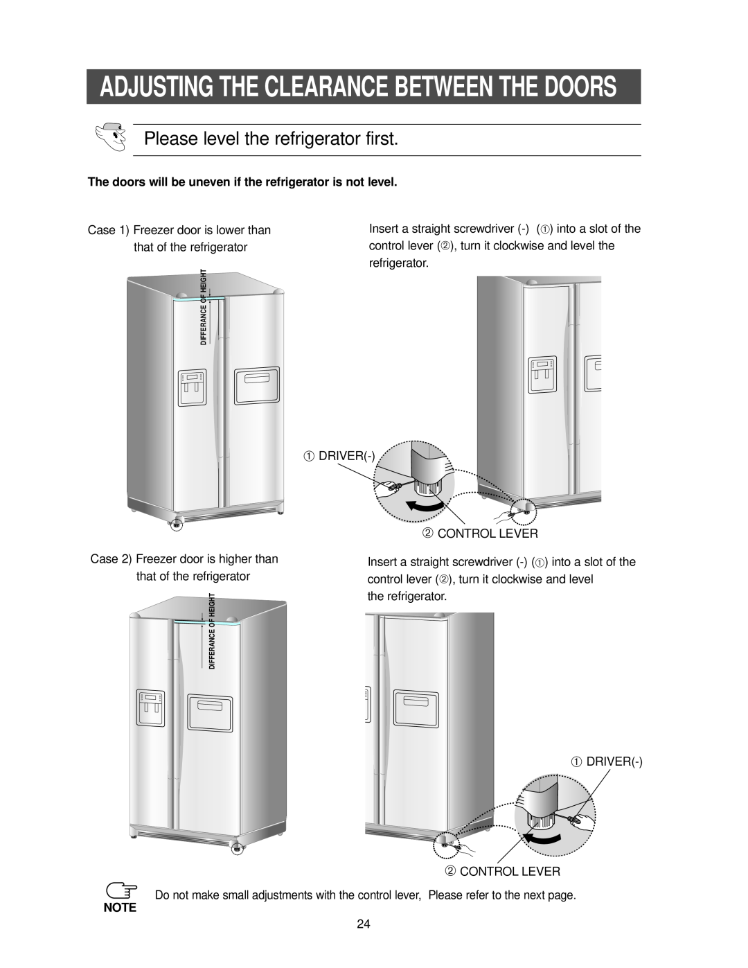 Samsung RS2533SW Please level the refrigerator first, Adjusting The Clearance Between The Doors, Differance Of Height 