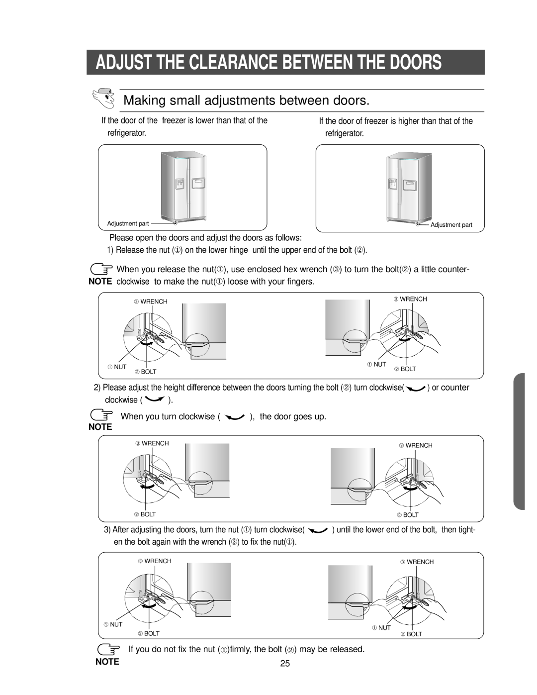 Samsung RS2533SW owner manual Making small adjustments between doors, Adjust The Clearance Between The Doors 