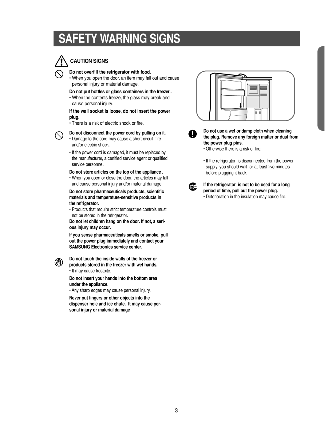 Samsung RS2533SW Safety Warning Signs, Caution Signs, Do not overfill the refrigerator with food, It may cause frostbite 