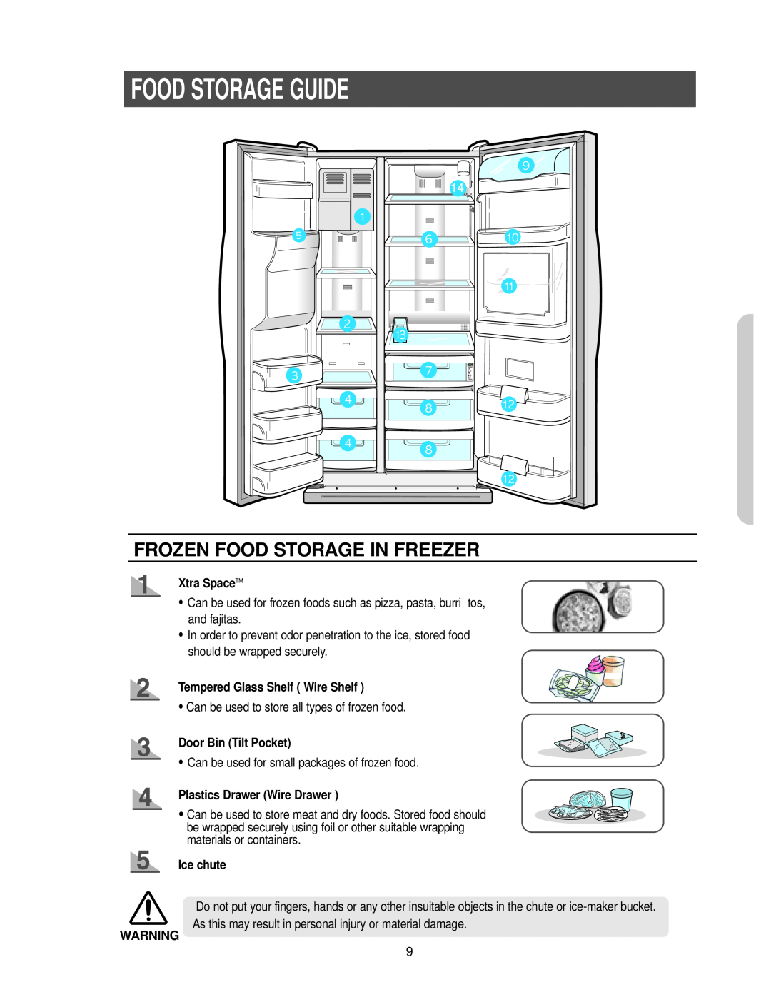 Samsung RS2533SW Food Storage Guide, Frozen Food Storage In Freezer, Xtra SpaceTM, Tempered Glass Shelf Wire Shelf 