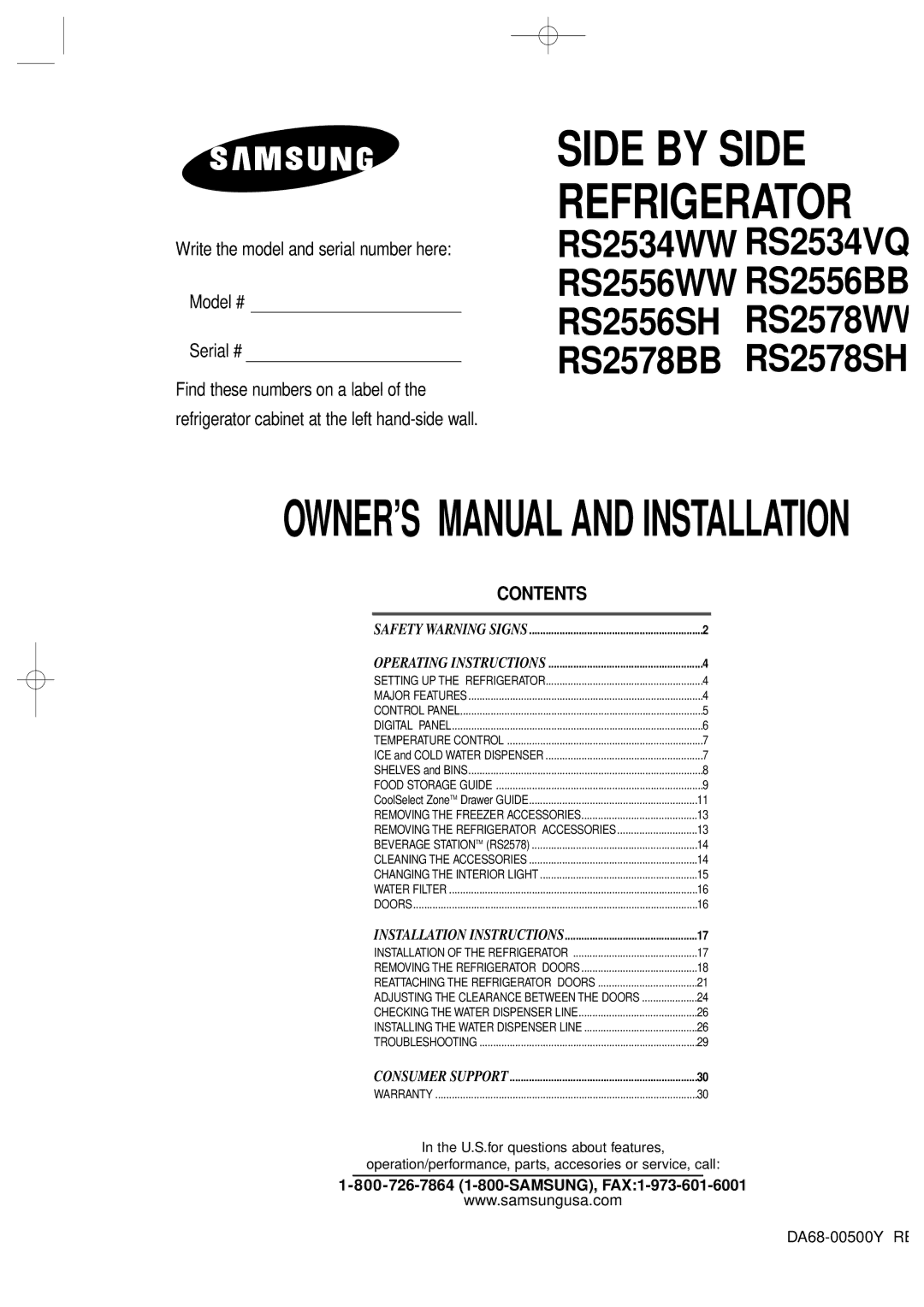 Samsung RS2578WV, RS2534WW owner manual Side by Side Refrigerator 