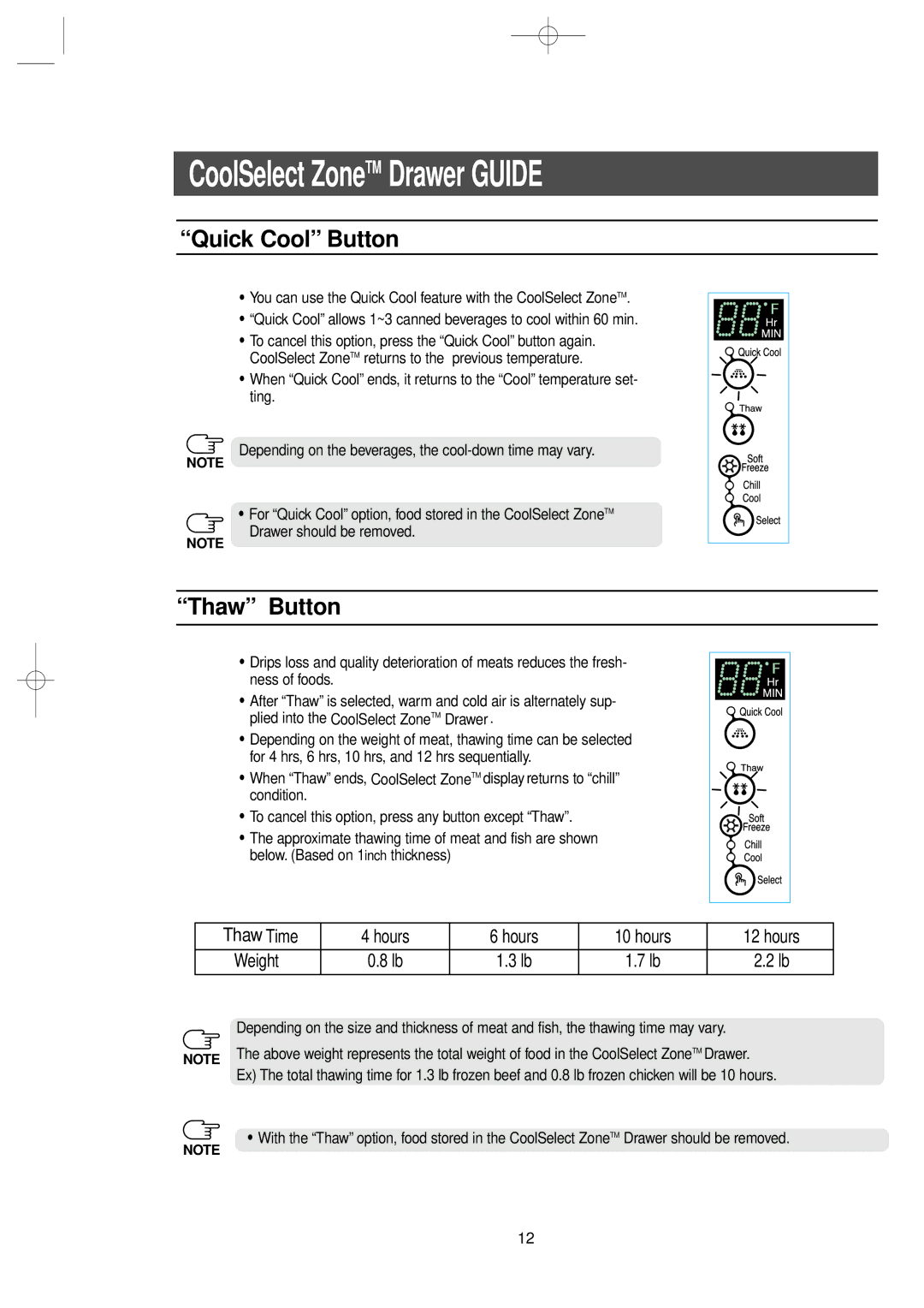 Samsung RS2534WW, RS2578WV owner manual Quick Cool Button, Thaw Button 