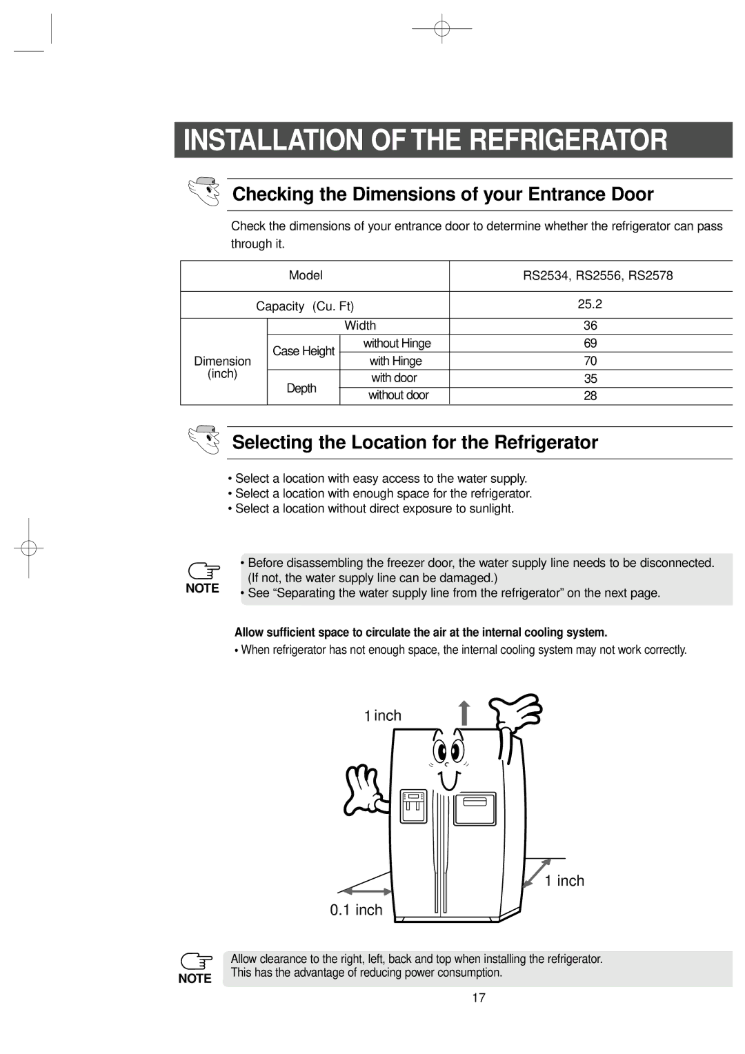 Samsung RS2578WV, RS2534WW Checking the Dimensions of your Entrance Door, Selecting the Location for the Refrigerator 