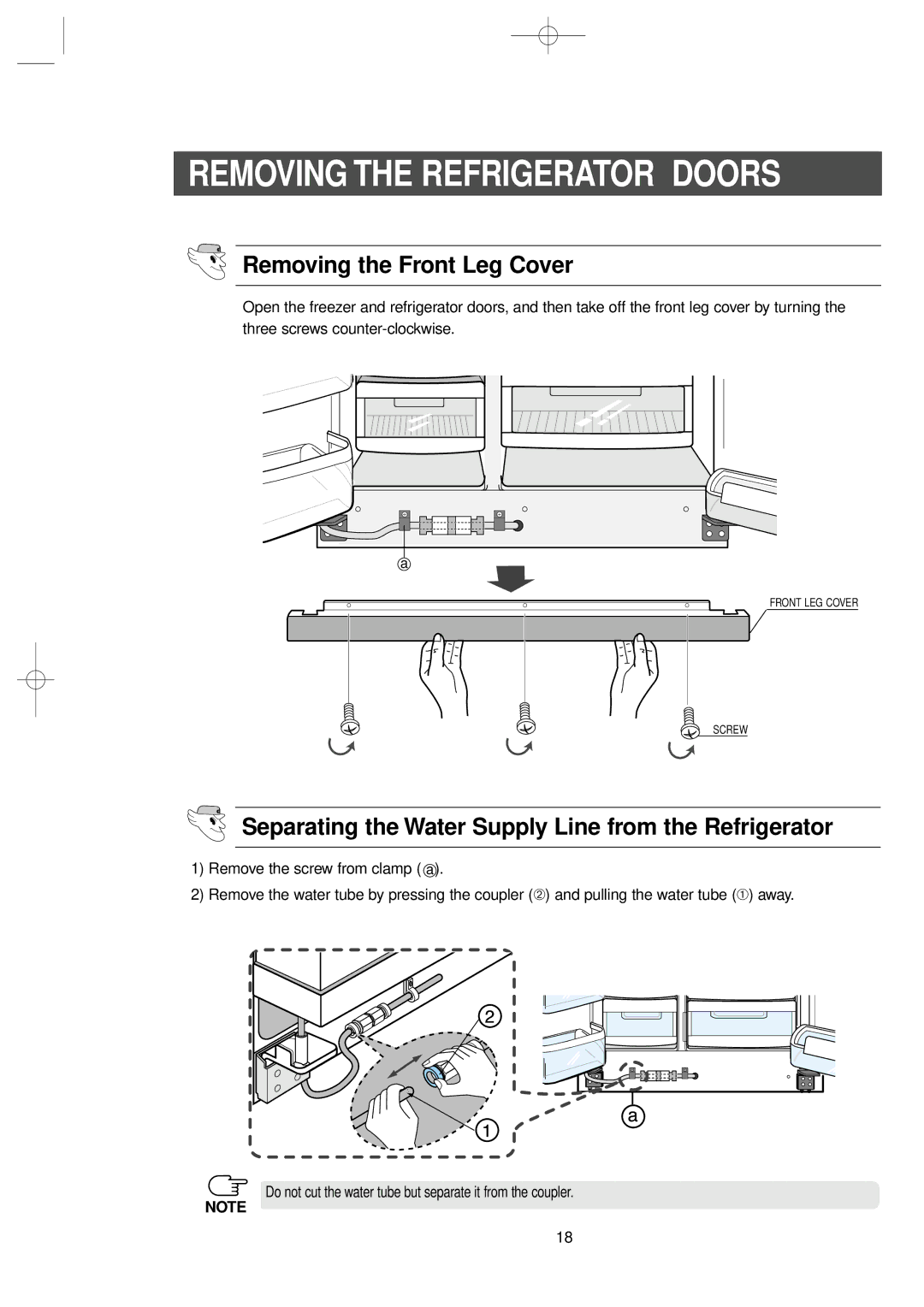 Samsung RS2534WW, RS2578WV owner manual Removing the Refrigerator Doors, Removing the Front Leg Cover 