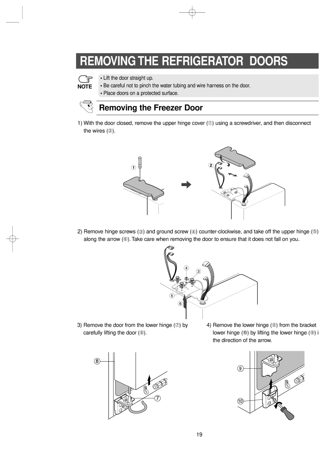 Samsung RS2578WV, RS2534WW Removing the Freezer Door, Lift the door straight up, Place doors on a protected surface 