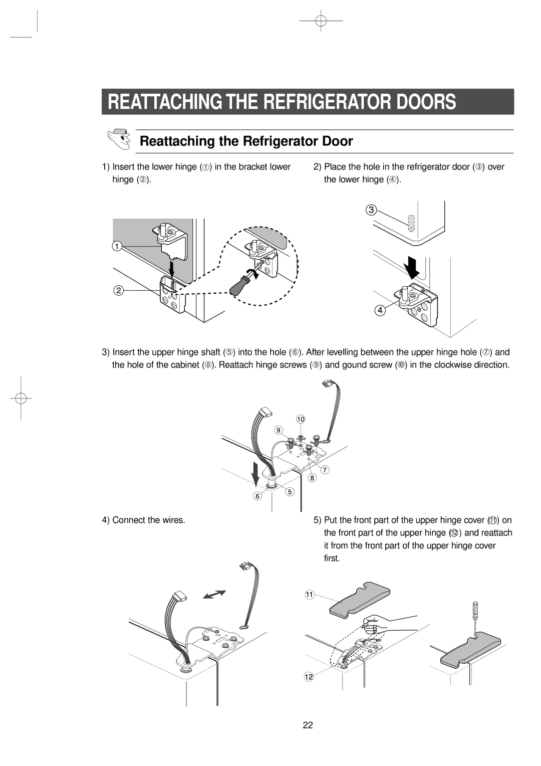 Samsung RS2534WW, RS2578WV Reattaching the Refrigerator Door, It from the front part of the upper hinge cover, First 