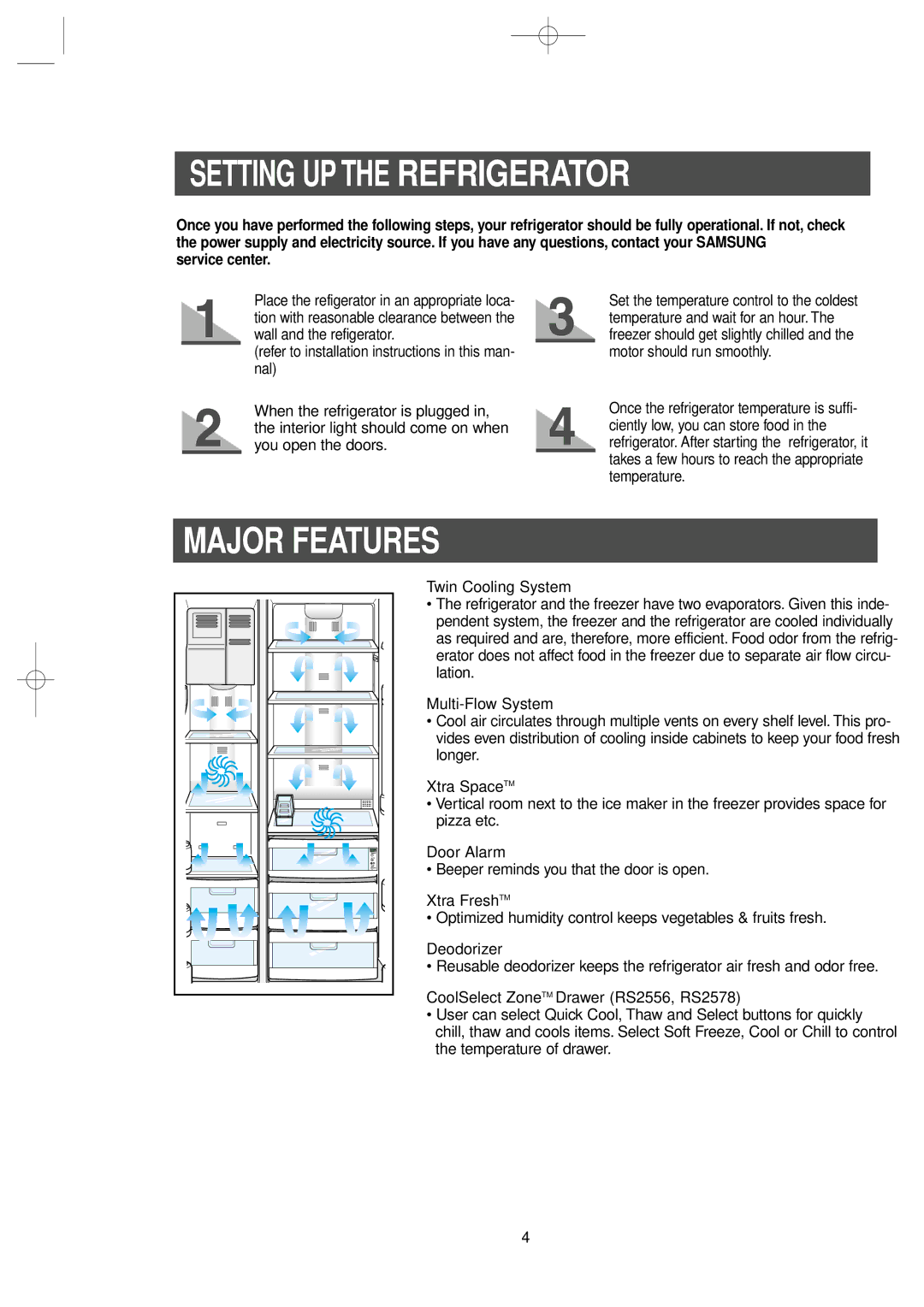 Samsung RS2534WW, RS2578WV owner manual Setting UP the Refrigerator, Major Features, Service center 