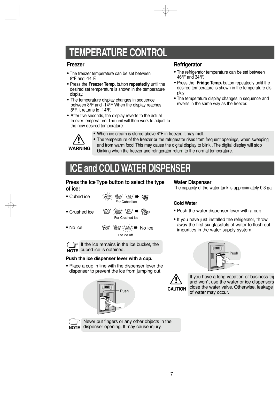 Samsung RS2578WV, RS2534WW owner manual Temperature Control, Push the ice dispenser lever with a cup, Cold Water 