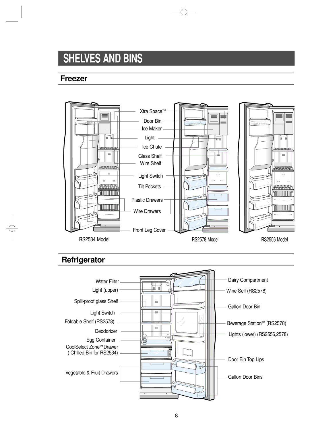 Samsung RS2534WW, RS2578WV owner manual Shelves and Bins, Freezer 