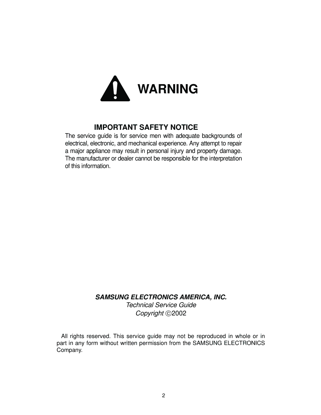 Samsung RS2622, RS2544, RS2666, RS2777 manual Important Safety Notice 