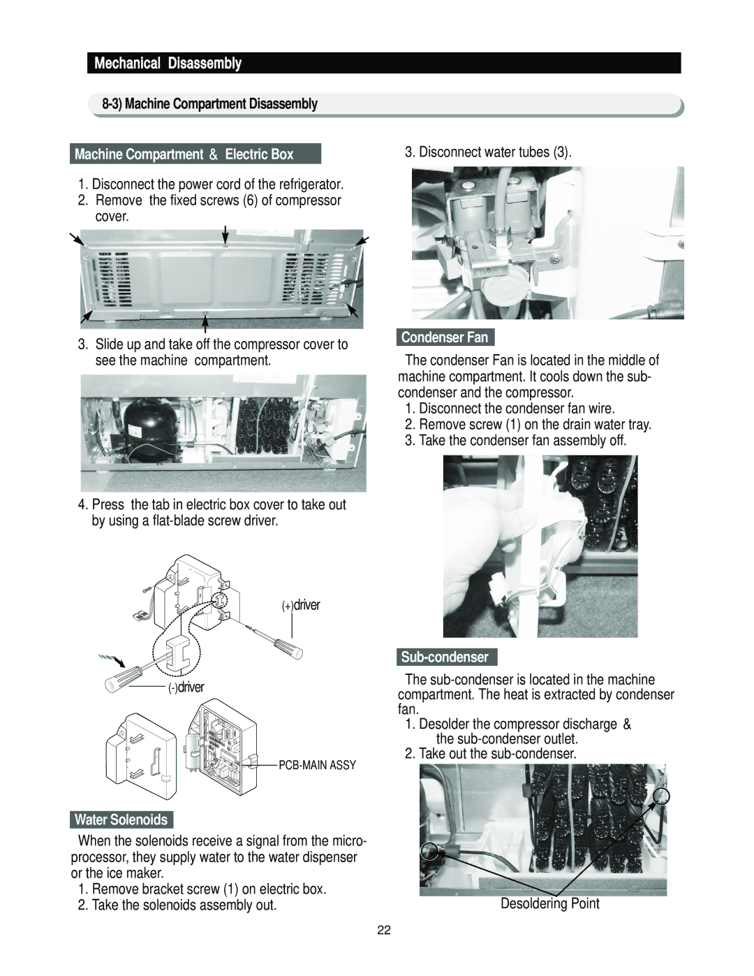 Samsung RS2622, RS2544, RS2666, RS2777 Machine Compartment ＆ Electric Box, Water Solenoids, Condenser Fan, Sub-condenser 