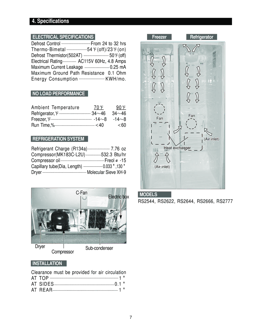 Samsung RS2777, RS2544, RS2666, RS2622 manual Specifications, Freezer Refrigerator 