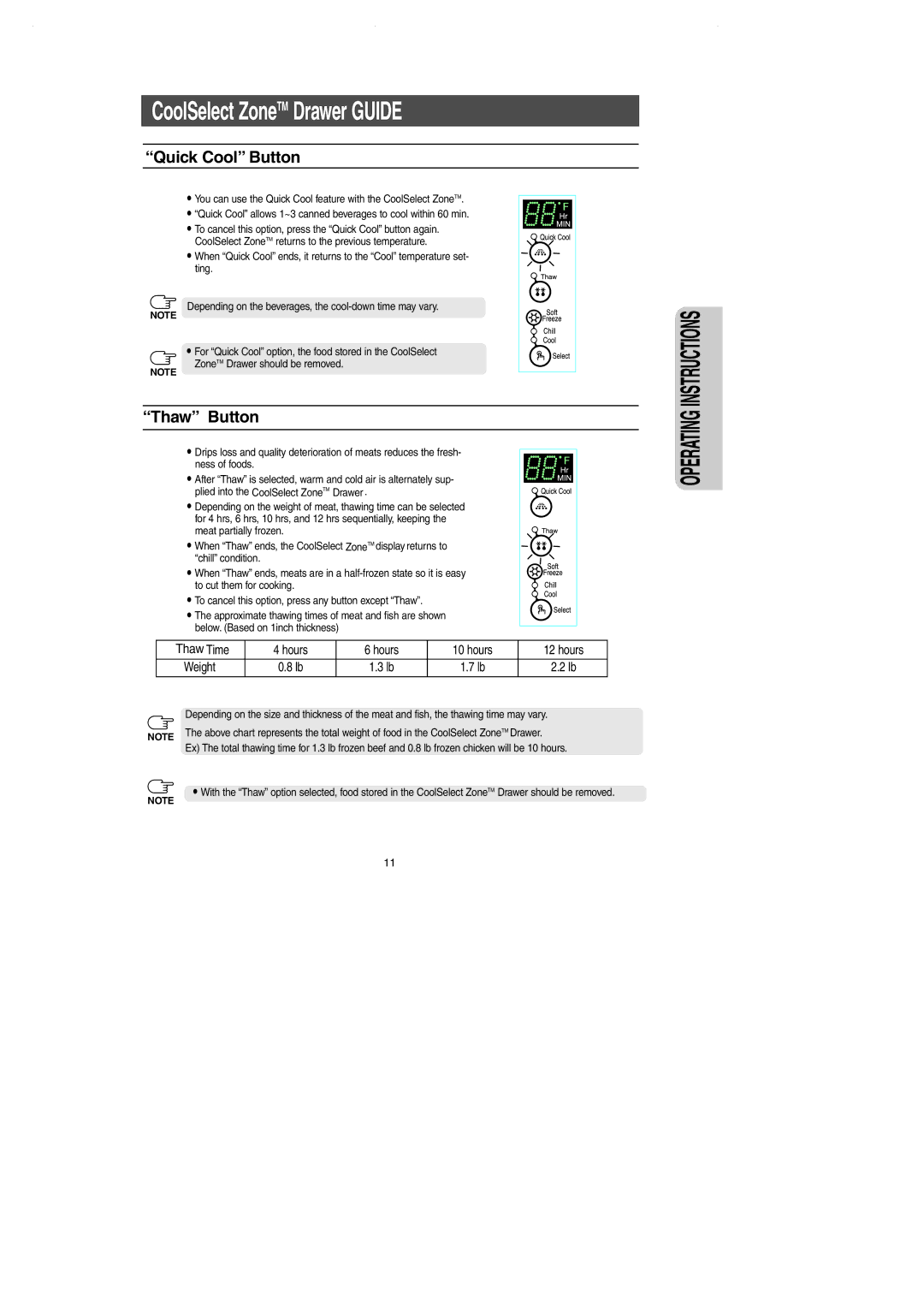 Samsung RS2644SL, RS2545SH, RS2544SL, RS2666SW, RS2644SW, RS2666SL, RS2622SW, RS2777SL owner manual Quick Cool Button, Thaw Button 