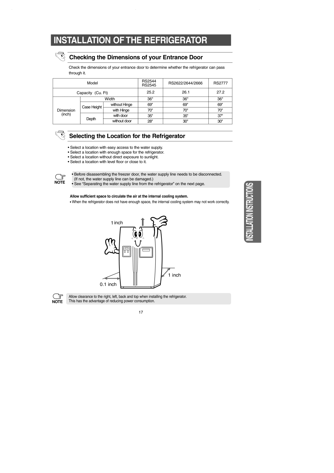 Samsung RS2544SL, RS2545SH, RS2666SW Installation of the Refrigerator, Checking the Dimensions of your Entrance Door 