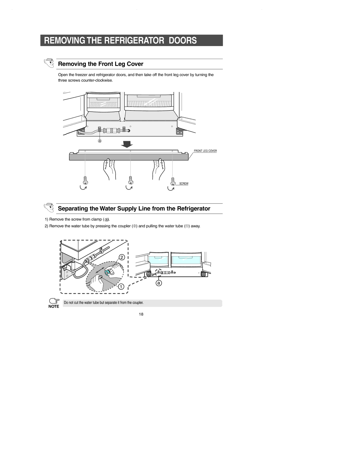 Samsung RS2666SW, RS2545SH, RS2544SL, RS2644SL, RS2644SW Removing the Refrigerator Doors, Removing the Front Leg Cover 