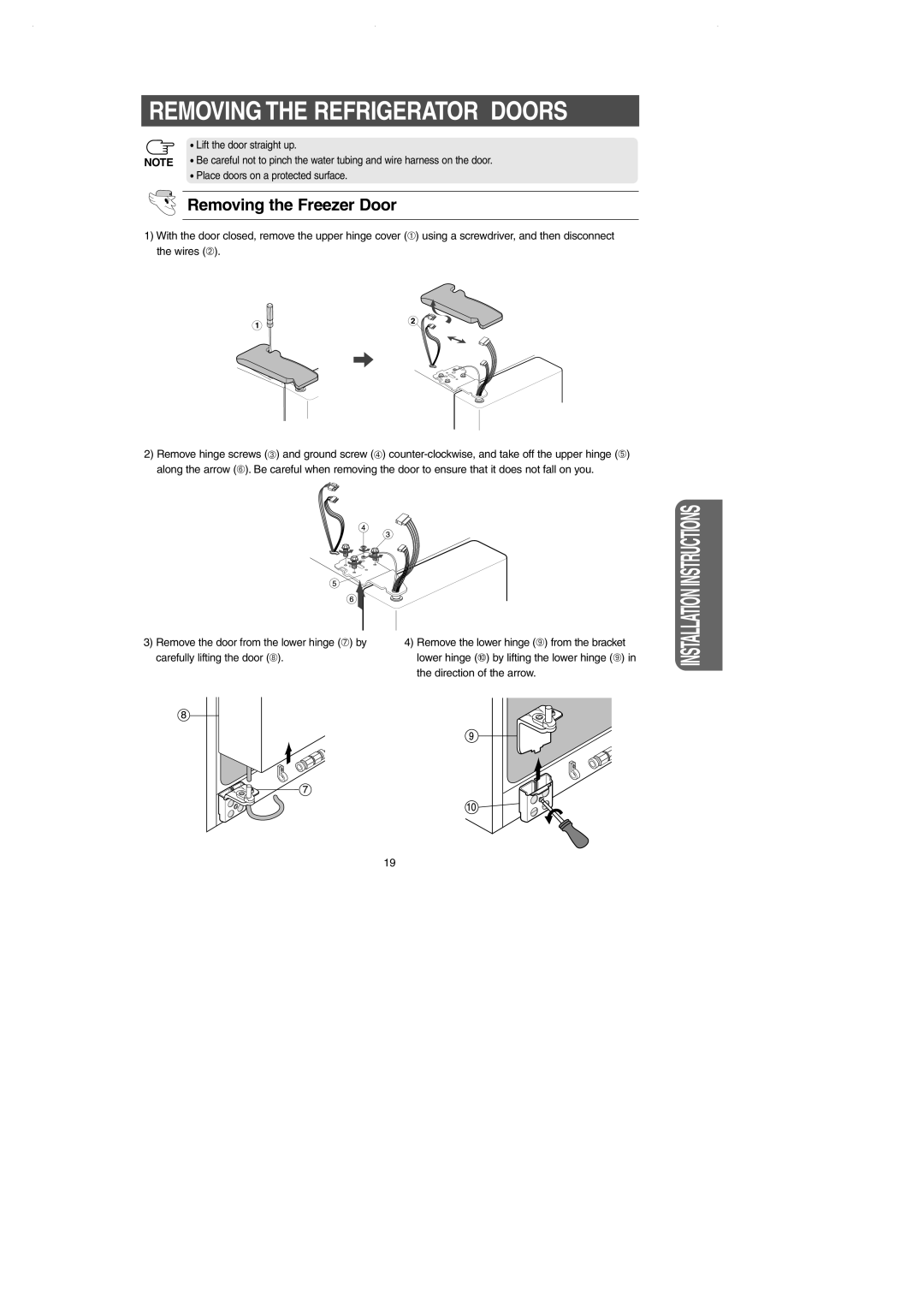 Samsung RS2644SL, RS2545SH, RS2544SL, RS2666SW, RS2644SW, RS2666SL, RS2622SW, RS2777SL owner manual Removing the Freezer Door 