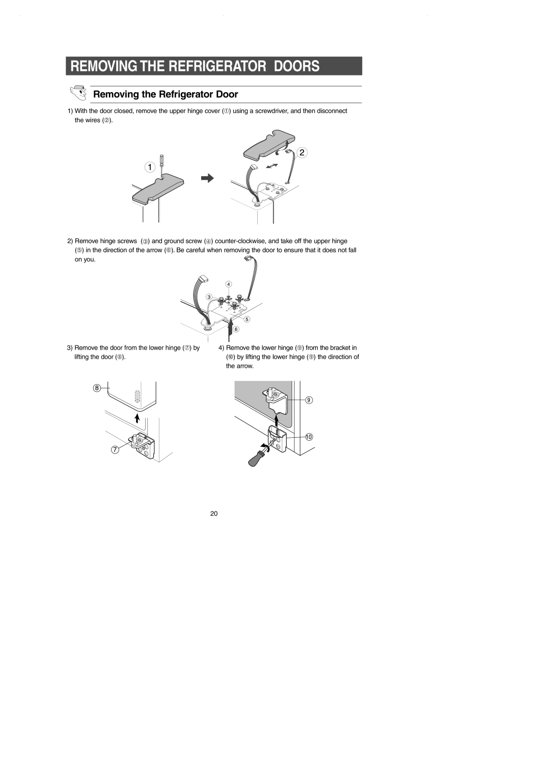 Samsung RS2644SW, RS2545SH, RS2544SL, RS2666SW, RS2644SL, RS2666SL, RS2622SW, RS2777SL owner manual Removing the Refrigerator Door 