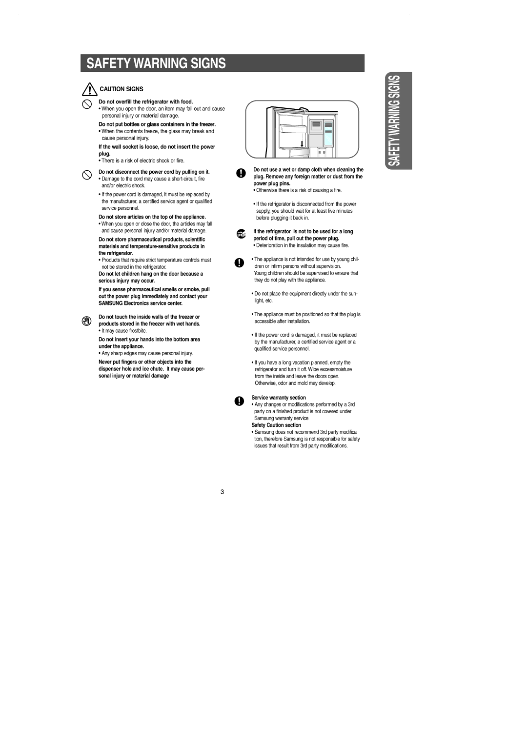 Samsung RS2644SL, RS2545SH, RS2544SL, RS2666SW, RS2644SW, RS2666SL, RS2622SW, RS2777SL owner manual Safety Warning Signs 