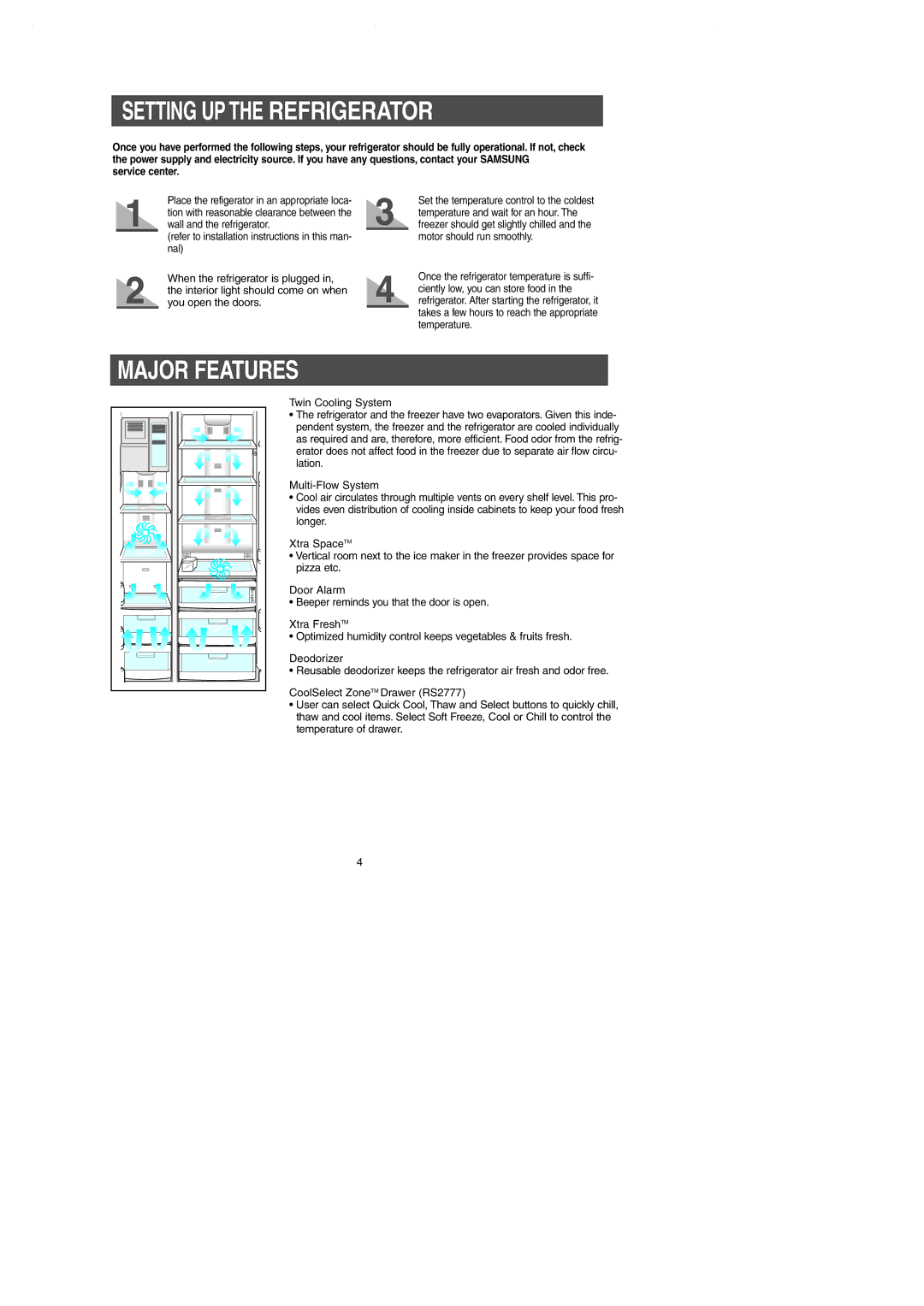 Samsung RS2644SW, RS2545SH, RS2544SL, RS2666SW, RS2644SL, RS2666SL Setting UP the Refrigerator, Major Features, Service center 