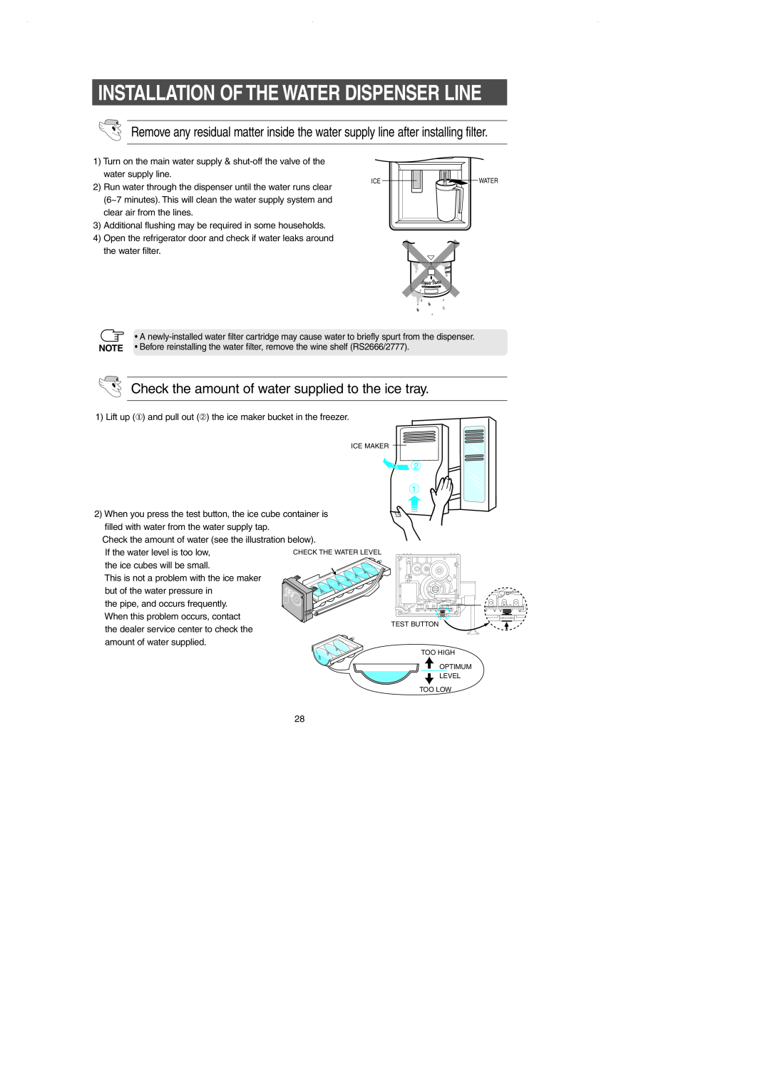 Samsung RS2644SW, RS2545SH Installation Of The Water Dispenser Line, Ice Maker Test Button Too High Optimum Level, Too Low 