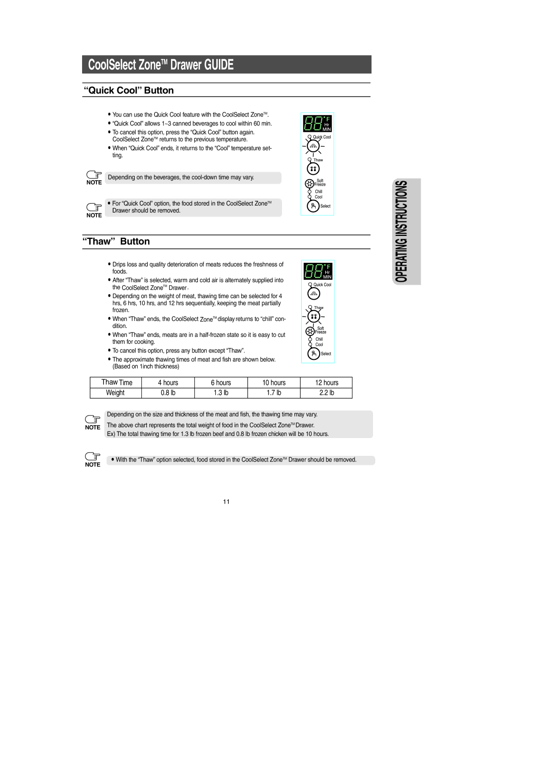 Samsung RS2578SH, RS2556SH, RS2534BB, RS2556WW, RS2556BB, RS2534VQ, RS2578BB, RS2578WW owner manual Quick Cool Button, Thaw Button 