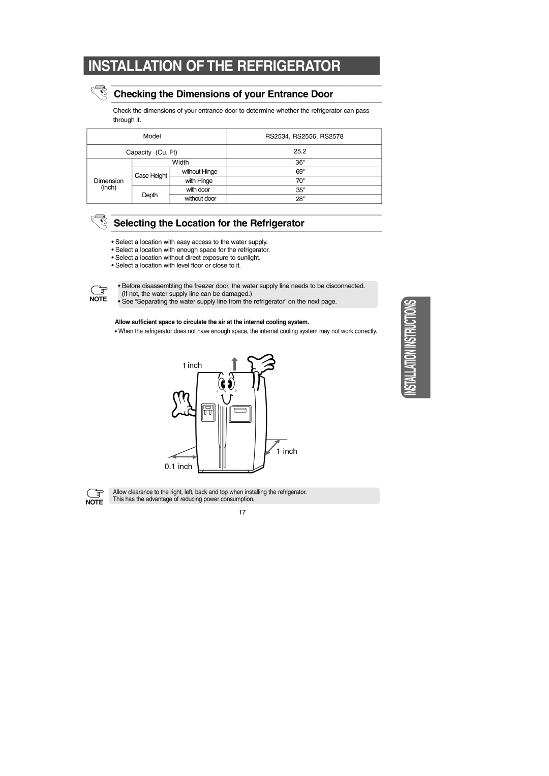 Samsung RS2534BB, RS2556SH, RS2556WW Installation of the Refrigerator, Checking the Dimensions of your Entrance Door 