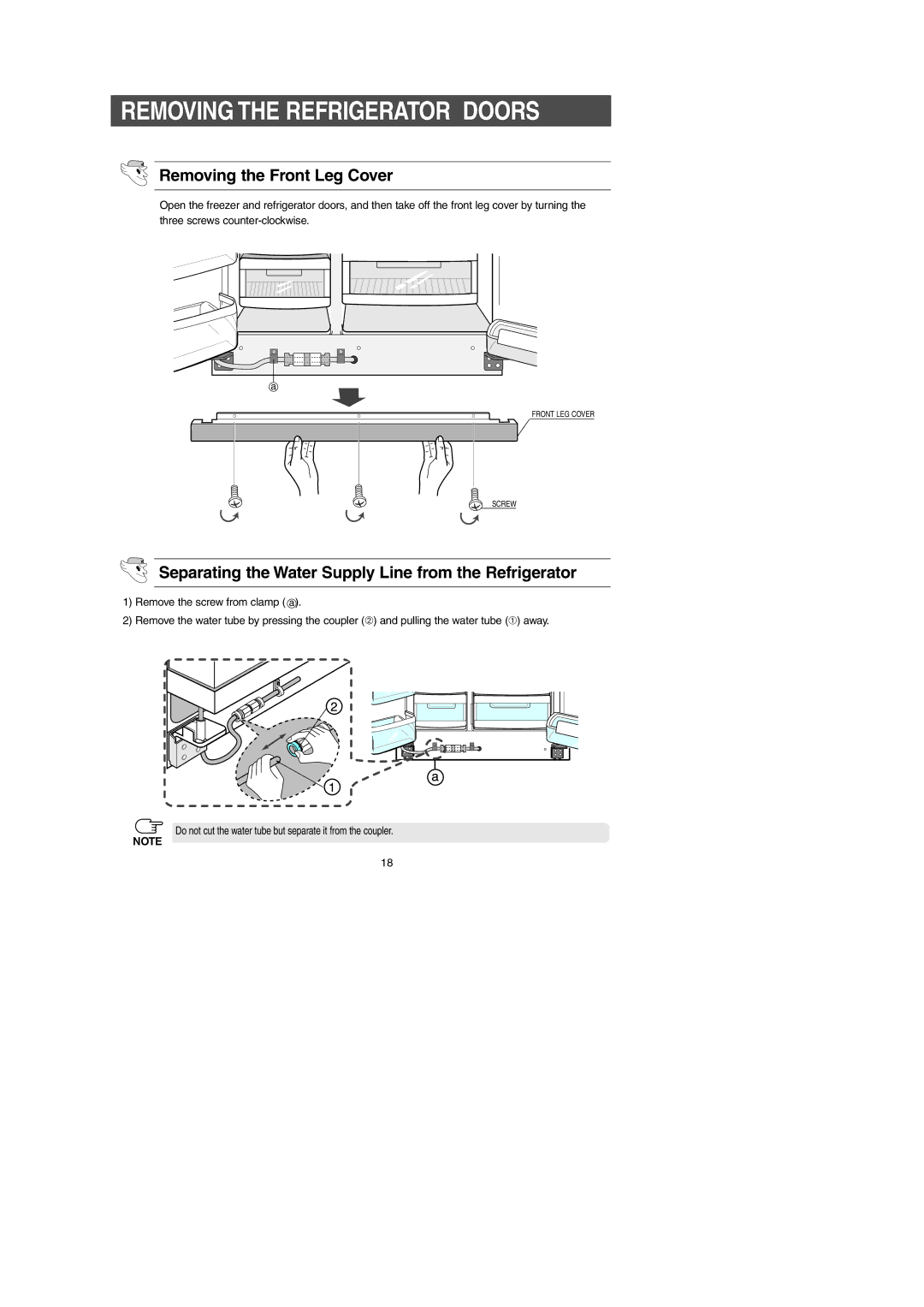 Samsung RS2556WW, RS2556SH, RS2534BB, RS2578SH, RS2556BB Removing the Refrigerator Doors, Removing the Front Leg Cover 