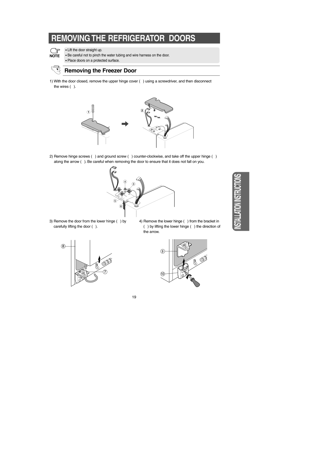 Samsung RS2578SH, RS2556SH, RS2534BB, RS2556WW, RS2556BB, RS2534VQ, RS2578BB, RS2578WW owner manual Removing the Freezer Door 