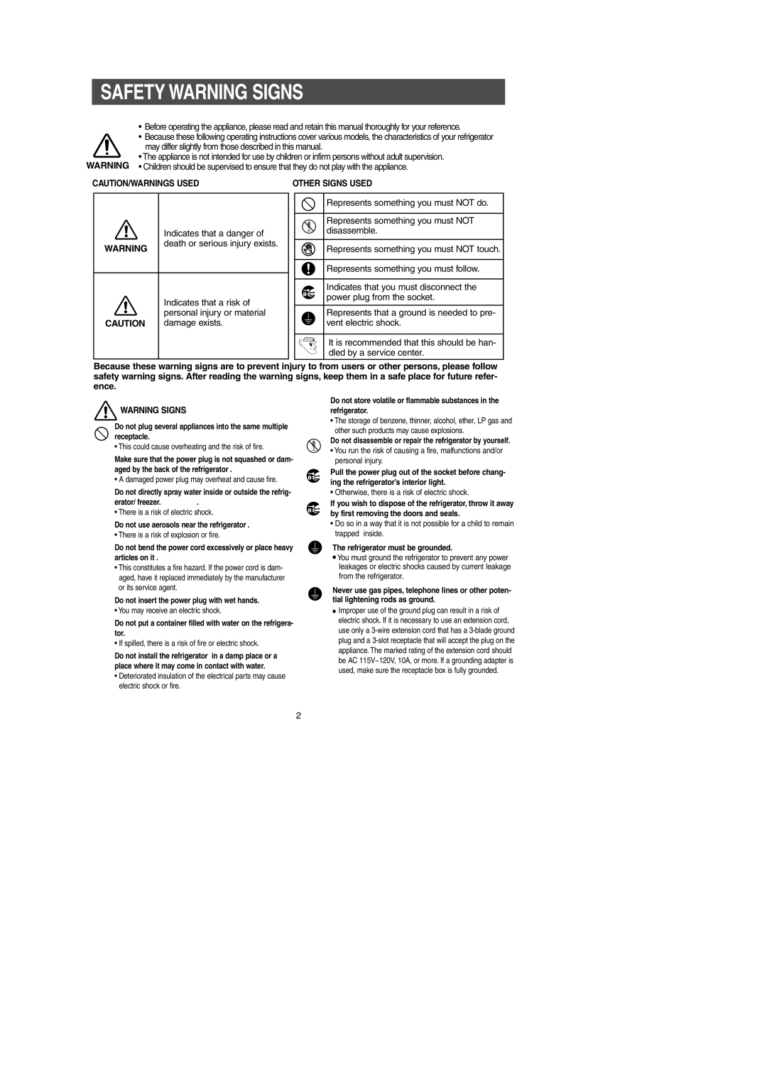 Samsung RS2556WW, RS2556SH, RS2534BB, RS2578SH, RS2556BB, RS2534VQ, RS2578BB, RS2578WW Safety Warning Signs, Other Signs Used 