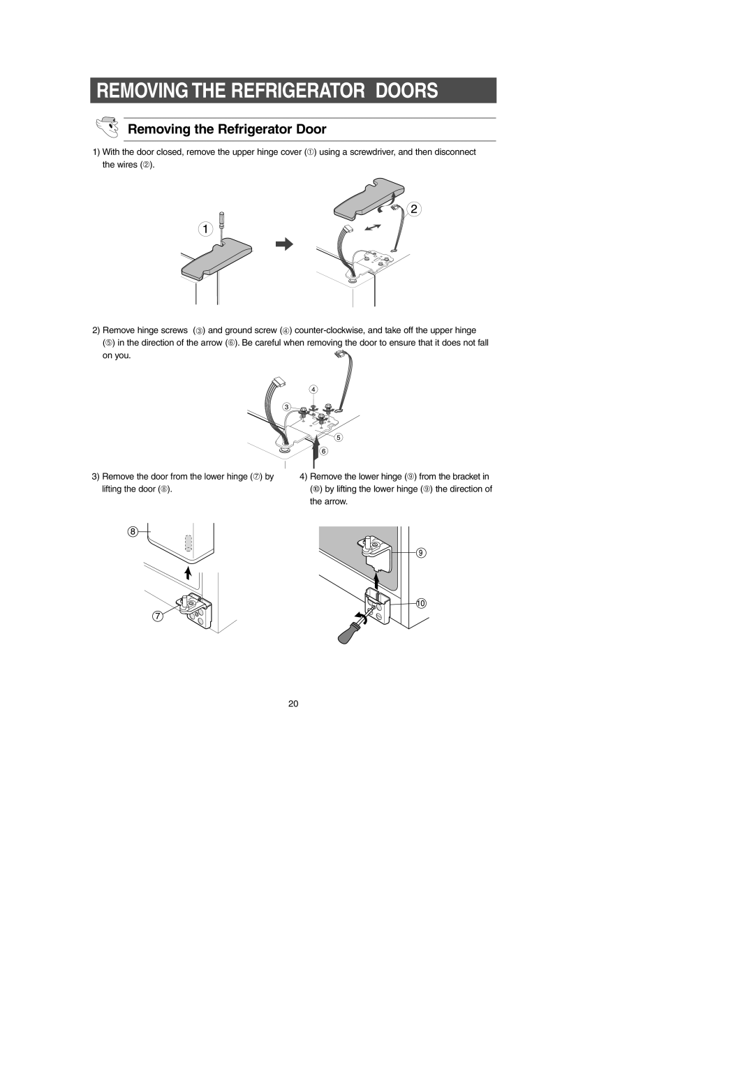 Samsung RS2556BB, RS2556SH, RS2534BB, RS2556WW, RS2578SH, RS2534VQ, RS2578BB, RS2578WW owner manual Removing the Refrigerator Door 