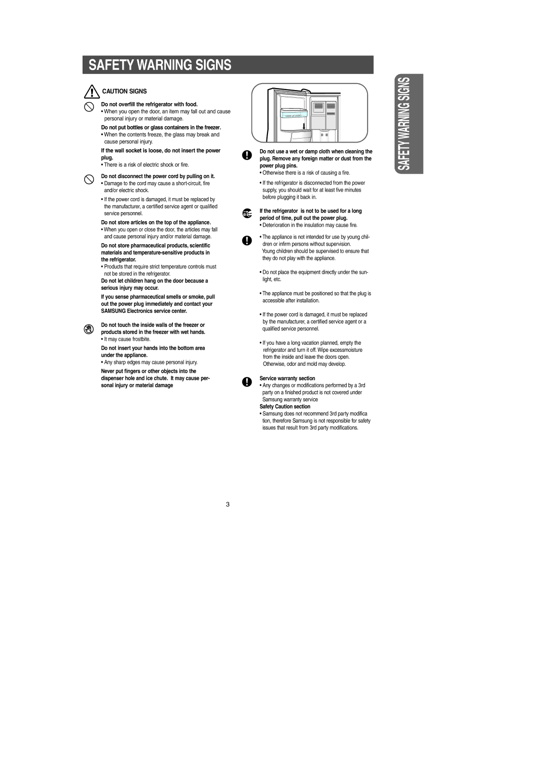 Samsung RS2578SH, RS2556SH, RS2534BB, RS2556WW, RS2556BB, RS2534VQ, RS2578BB, RS2578WW owner manual Safety Warning Signs 