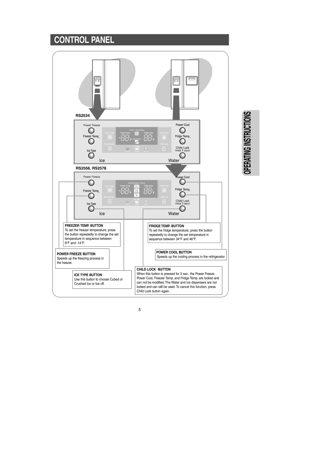 Samsung RS2534VQ, RS2556SH, RS2534BB, RS2556WW, RS2578SH, RS2556BB, RS2578BB, RS2578WW Control Panel, RS2534 RS2556, RS2578 