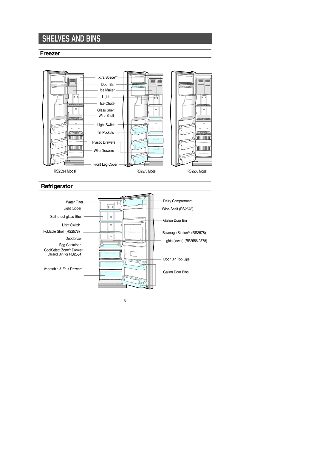 Samsung RS2556SH, RS2534BB, RS2556WW, RS2578SH, RS2556BB, RS2534VQ, RS2578BB, RS2578WW owner manual Shelves and Bins, Freezer 