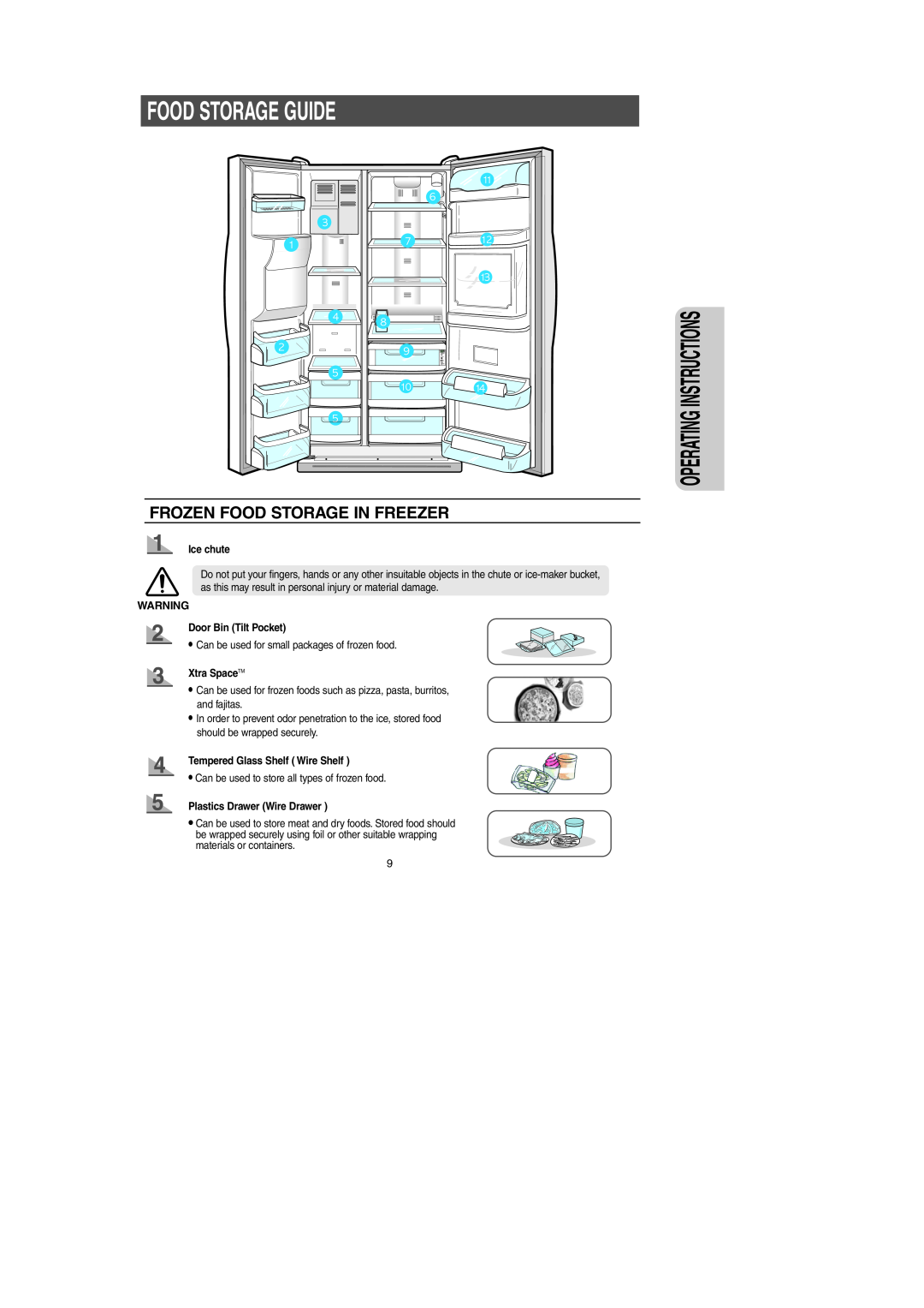 Samsung RS2534BB Food Storage Guide, Frozen Food Storage In Freezer, Ice chute, Door Bin Tilt Pocket, Xtra SpaceTM 