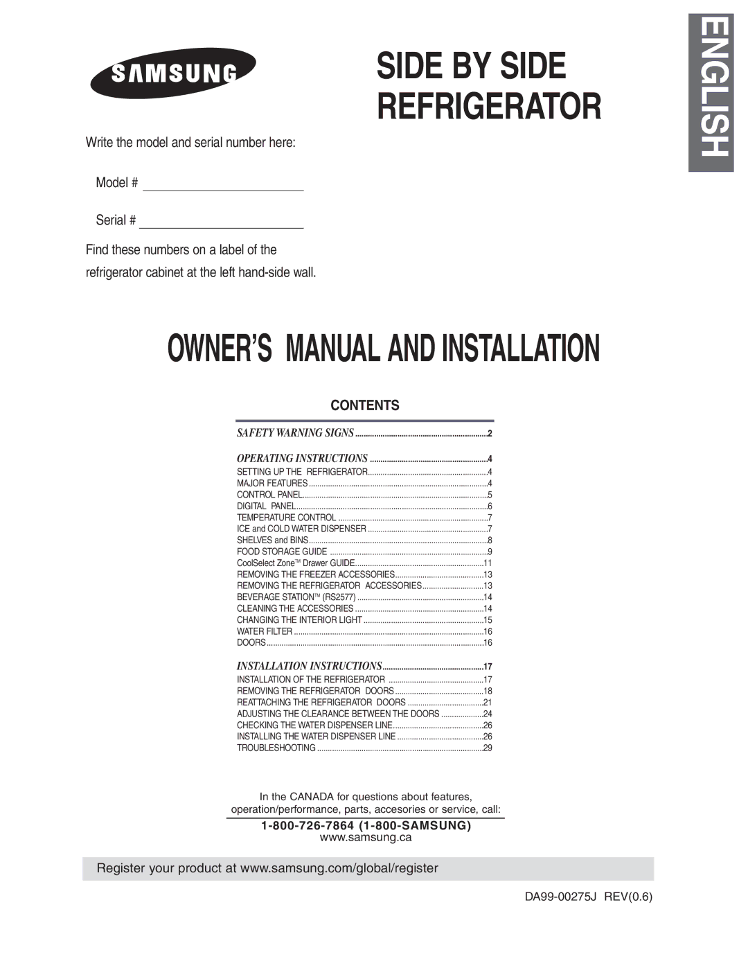 Samsung RS2533, RS2577, RS2555 owner manual Side by Side Refrigerator 