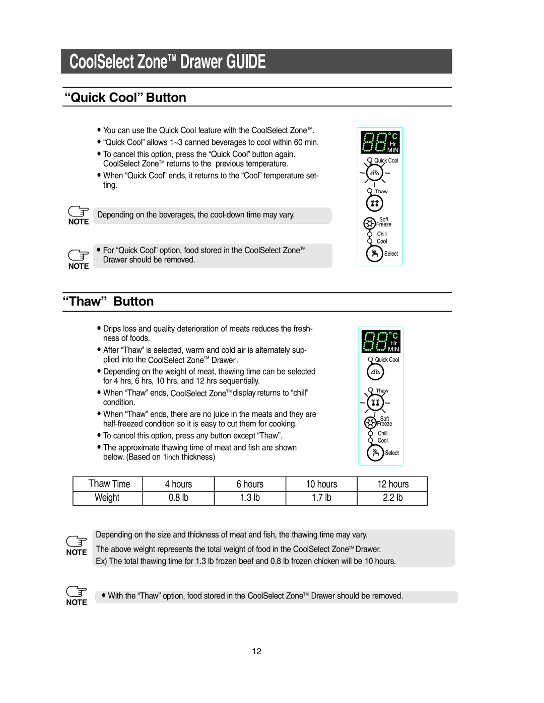 Samsung RS2577, RS2533, RS2555 owner manual Quick Cool Button, Thaw Button 