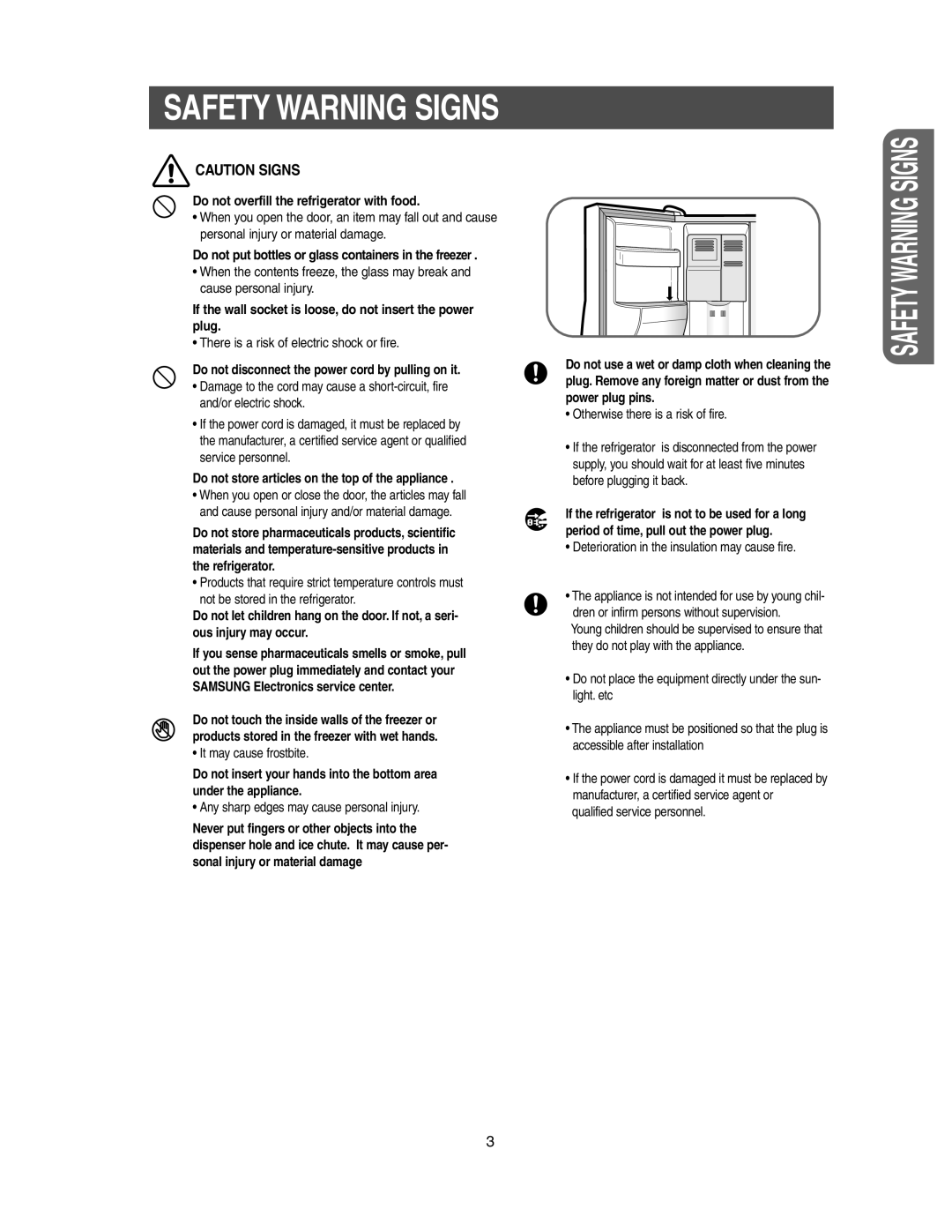 Samsung RS2577, RS2533, RS2555 owner manual Safety Warning Signs 