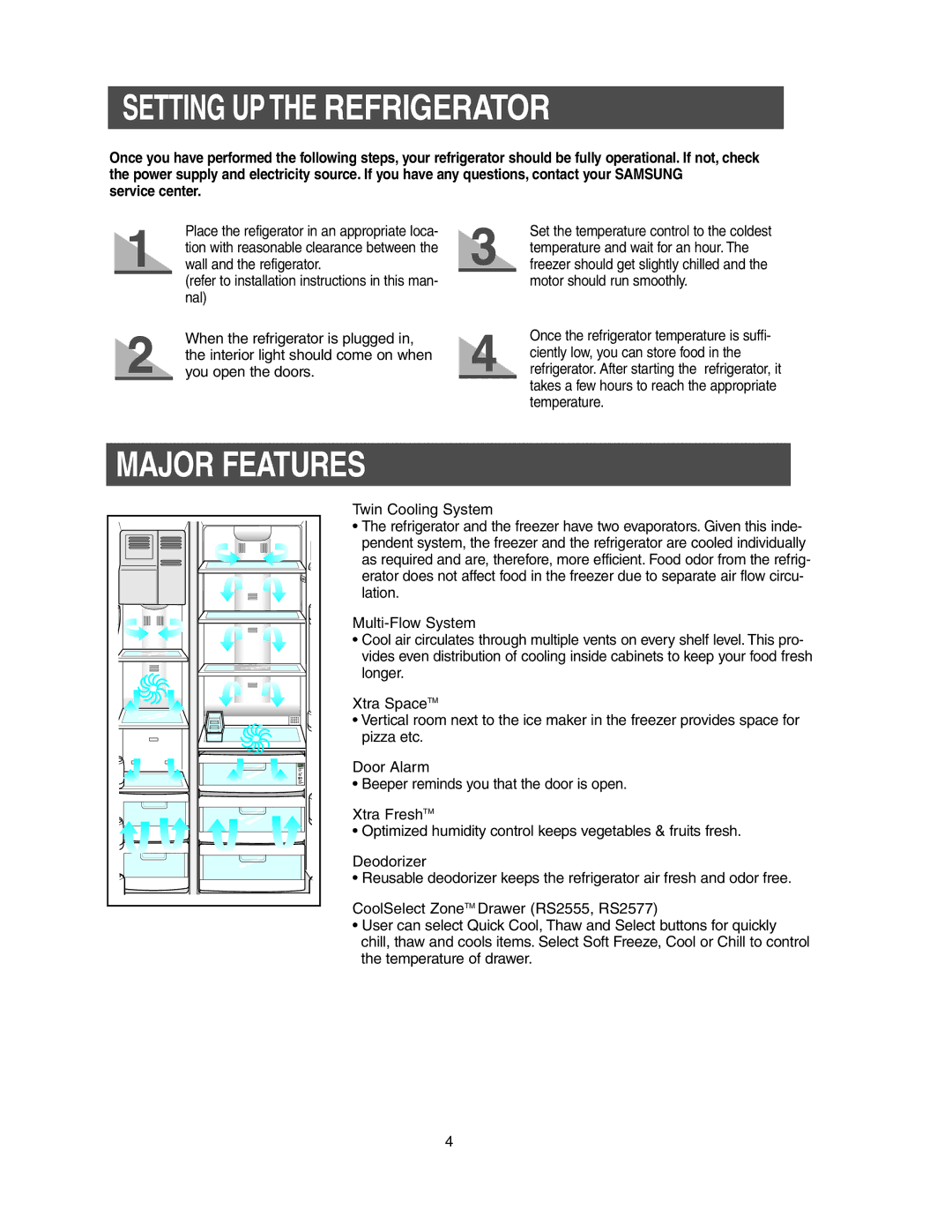 Samsung RS2533, RS2577, RS2555 owner manual Setting UP the Refrigerator, Major Features, Service center 