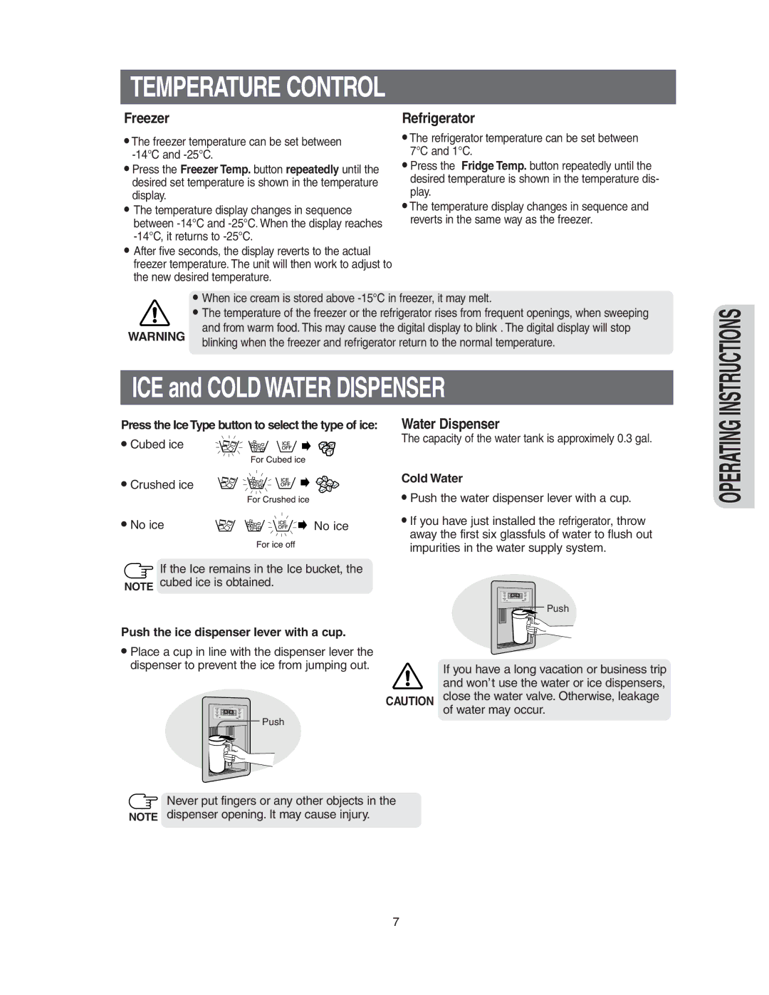 Samsung RS2533, RS2577, RS2555 owner manual Temperature Control, Cold Water, Push the ice dispenser lever with a cup 