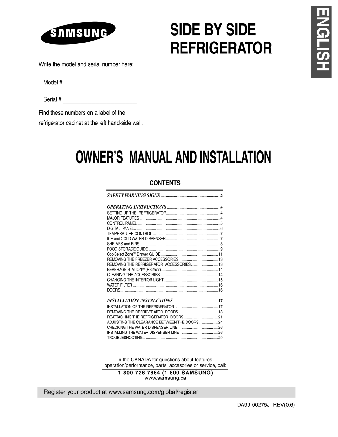 Samsung RS2533 owner manual Write the model and serial number here Model # Serial #, Contents, Side By Side Refrigerator 